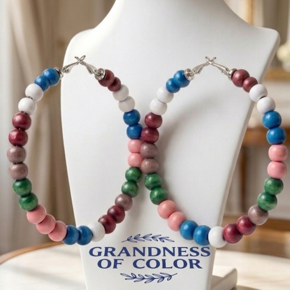 Extra-large earrings with wooden beads, super lightweight and easy to wear. 8 cm - Picture 4 of 12